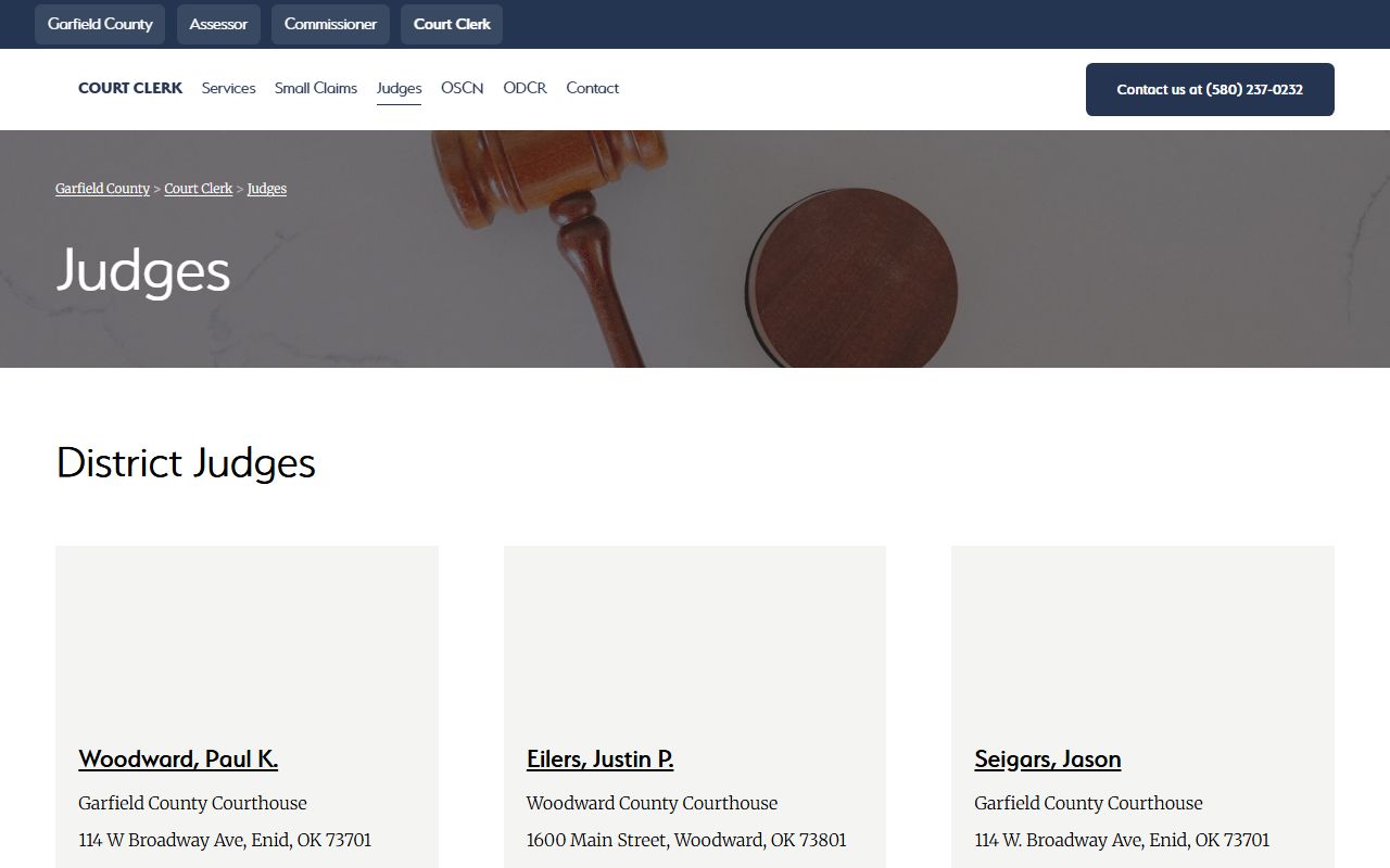 Garfield County Court Clerk judges and courthouse contact list page