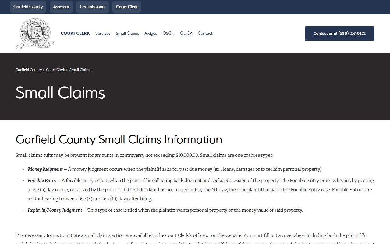 Garfield County Court Clerk small claims rules and forms page