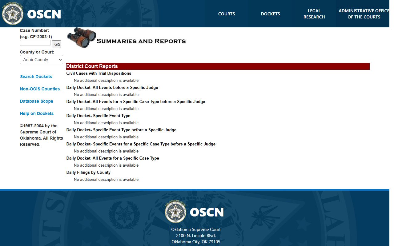 OSCN docket index used to search Garfield County court dockets