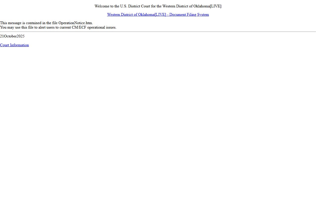Western District of Oklahoma CM/ECF gateway separate from Garfield County District Court