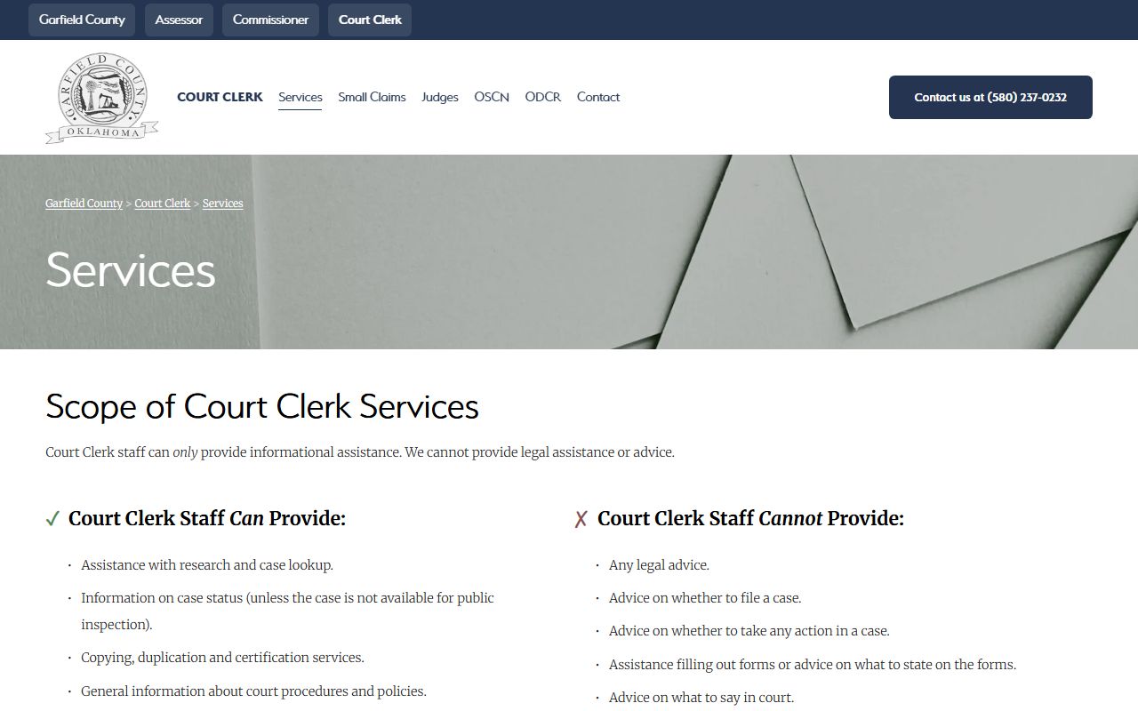 Garfield County court records copy request fees on the Court Clerk services page