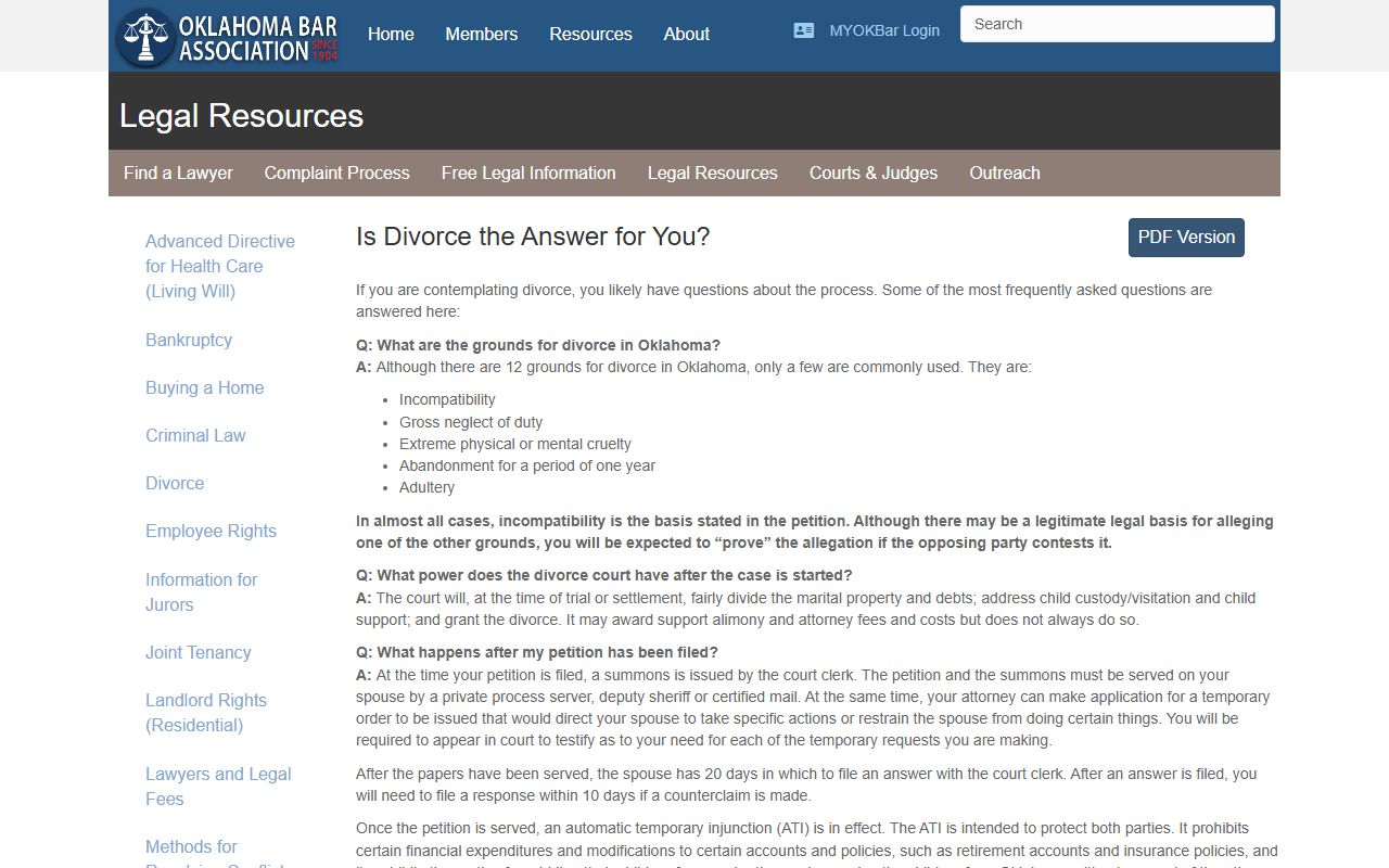 Oklahoma Bar divorce information related to Garfield County divorce records