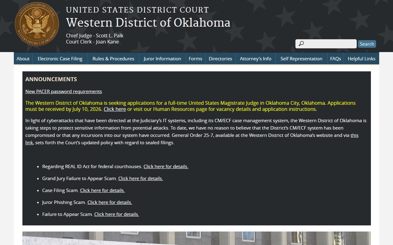 Western District of Oklahoma federal court separate from Garfield County probate records